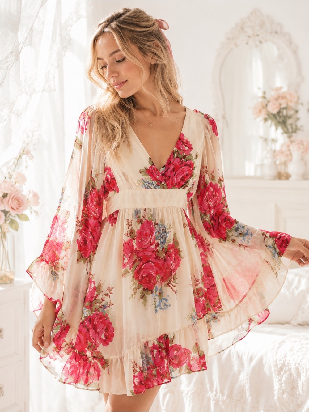 Betsey Johnson Floral Babydoll Chiffon Mini Dress Size 6
